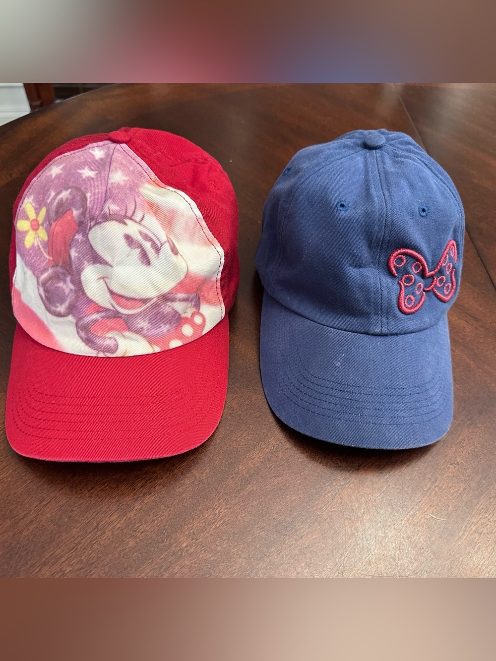 2 Disney Minnie Mouse Baseball Hats Red USA American Flag & Blue Embroidered Bow